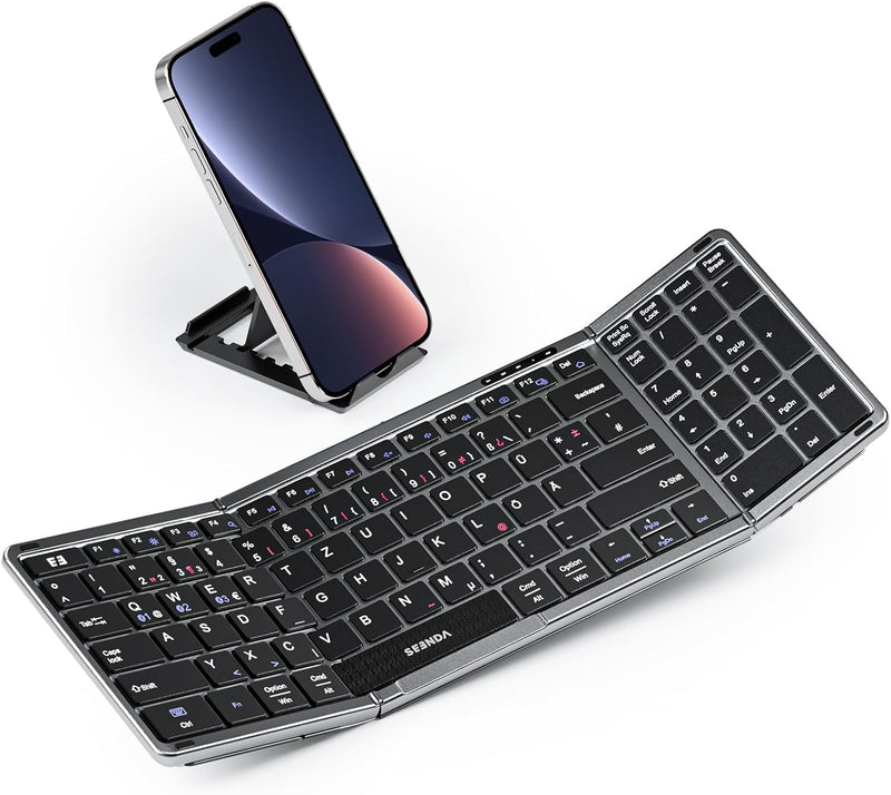 seenda Faltbare Bluetooth Tastatur mit Nummernblock und Handyhalterung, Aufladbare Kabellose Klappba