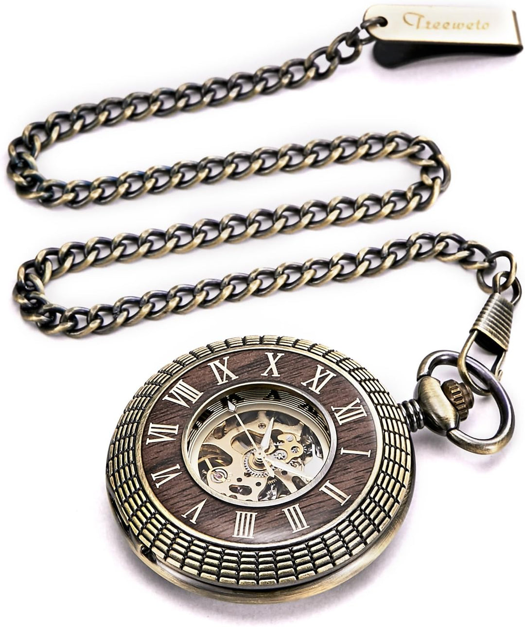 TREEWETO Unisex Holz Taschenuhr mit Kette Analog Handaufzug Skelett Römische Ziffern (Holz066)