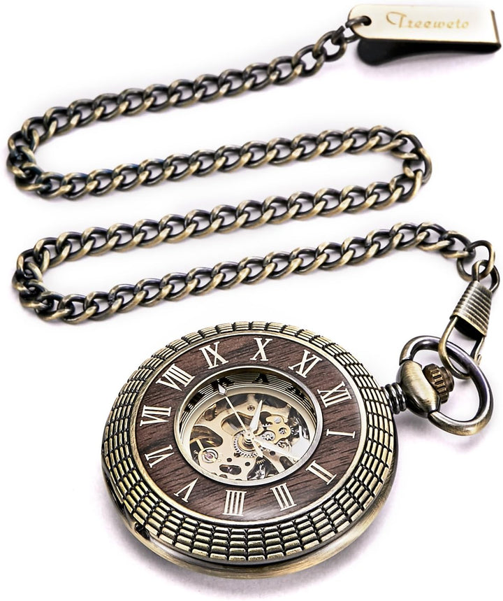 TREEWETO Unisex Holz Taschenuhr mit Kette Analog Handaufzug Skelett Römische Ziffern (Holz066)