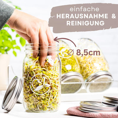 ZELLGUT® 2in1 Sprossenglas 3er Set - Keimglas 100% Plastikfrei - Vorratsglas Funktion durch extra De