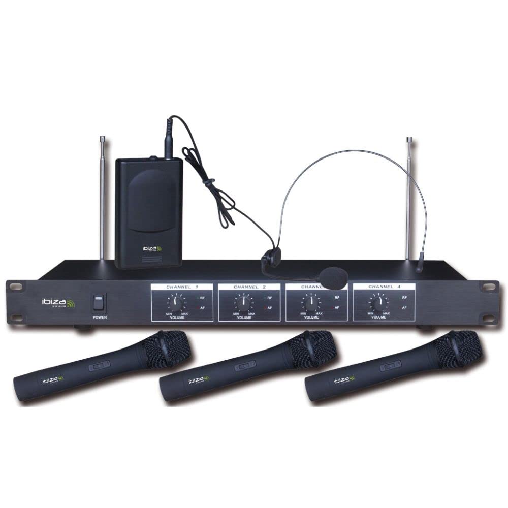 Ibiza - VHF4 - Drahtloses Mikrofonsystem mit 3 VHF-Handmikrofonen, 1 VHF-Kopfbügelmikrofon und 1 Emp