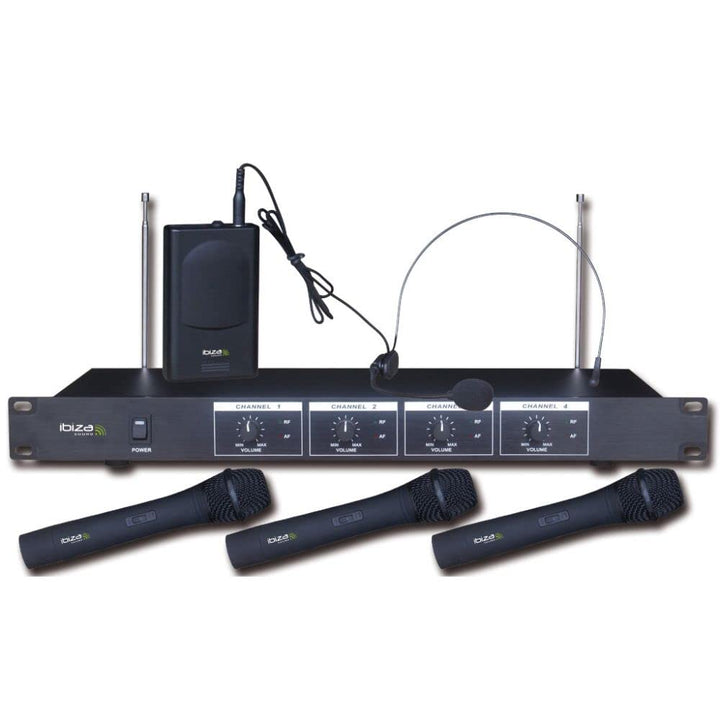 Ibiza - VHF4 - Drahtloses Mikrofonsystem mit 3 VHF-Handmikrofonen, 1 VHF-Kopfbügelmikrofon und 1 Emp