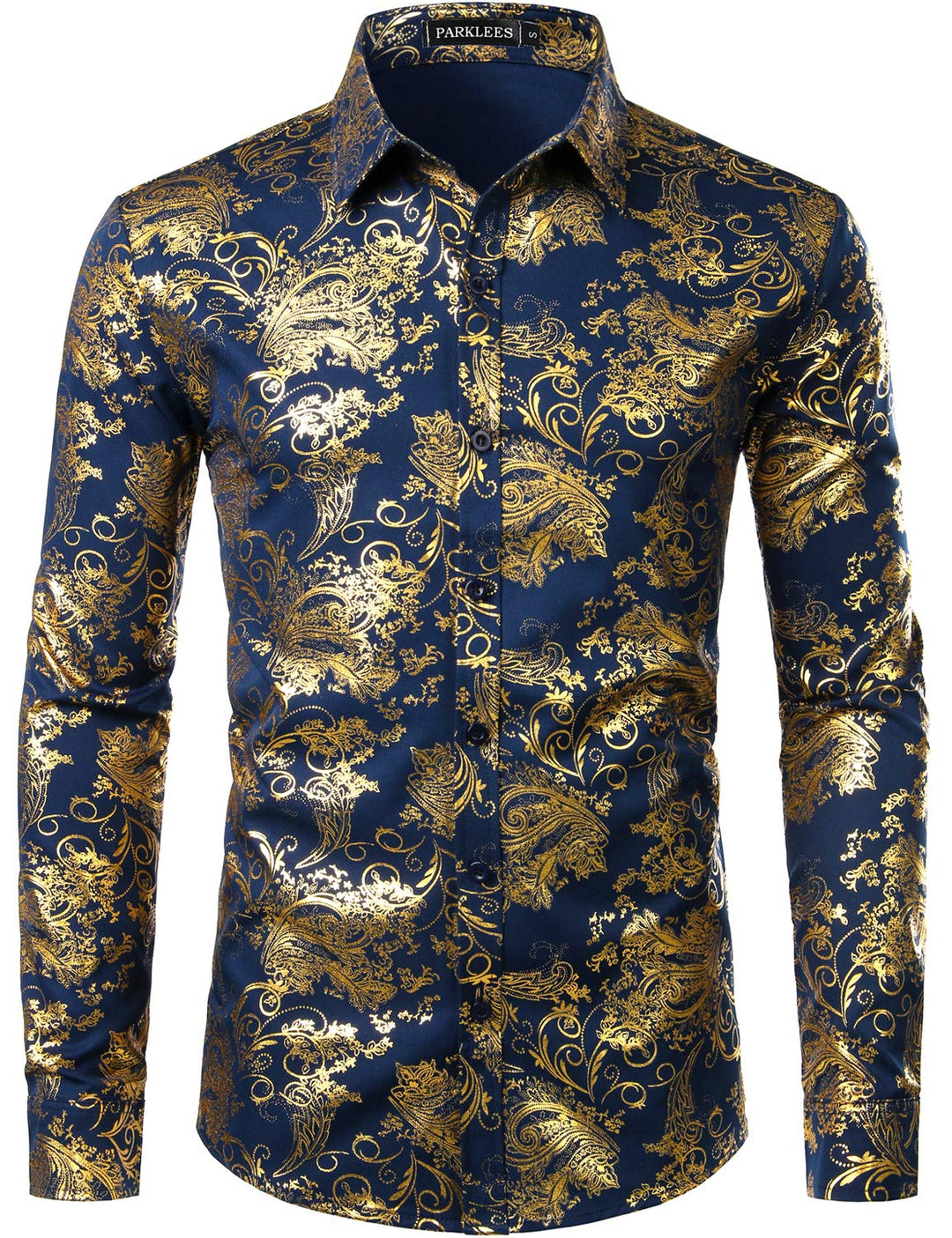 PARKLEES Herren Luxus Paisley Gemustert Golden Glänzend Slim Fit Freizeithemd S Navy Golden, S Navy