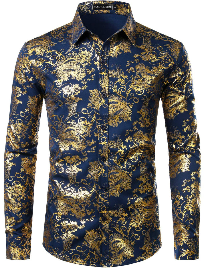 PARKLEES Herren Luxus Paisley Gemustert Golden Glänzend Slim Fit Freizeithemd XL Navy Golden, XL Nav