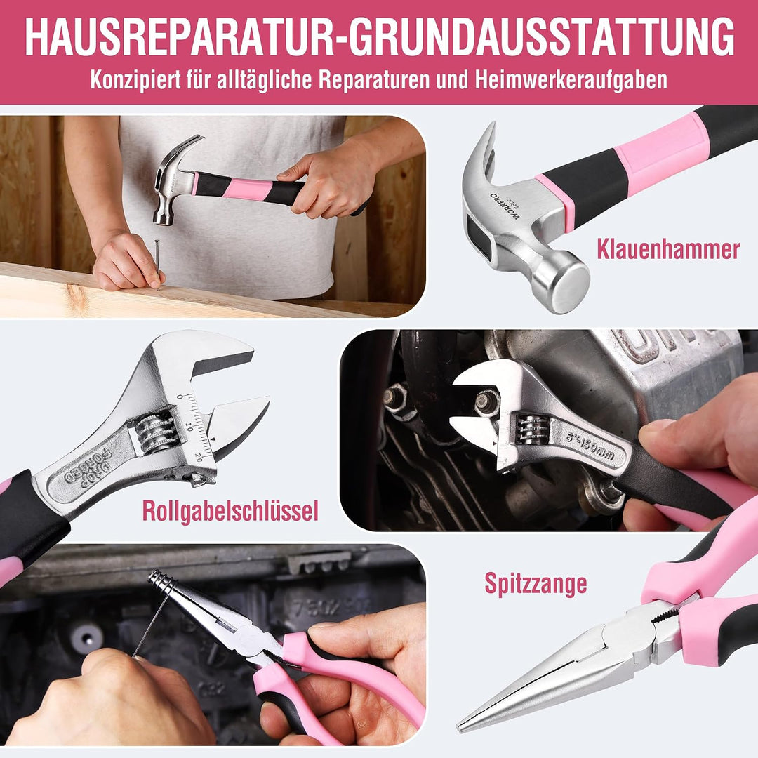 WORKPRO Pink Werkzeug Set Rosa 103 teilig Haushalts-Werkzeugsatz Reparatur mit Tasche, Ideal Geschen