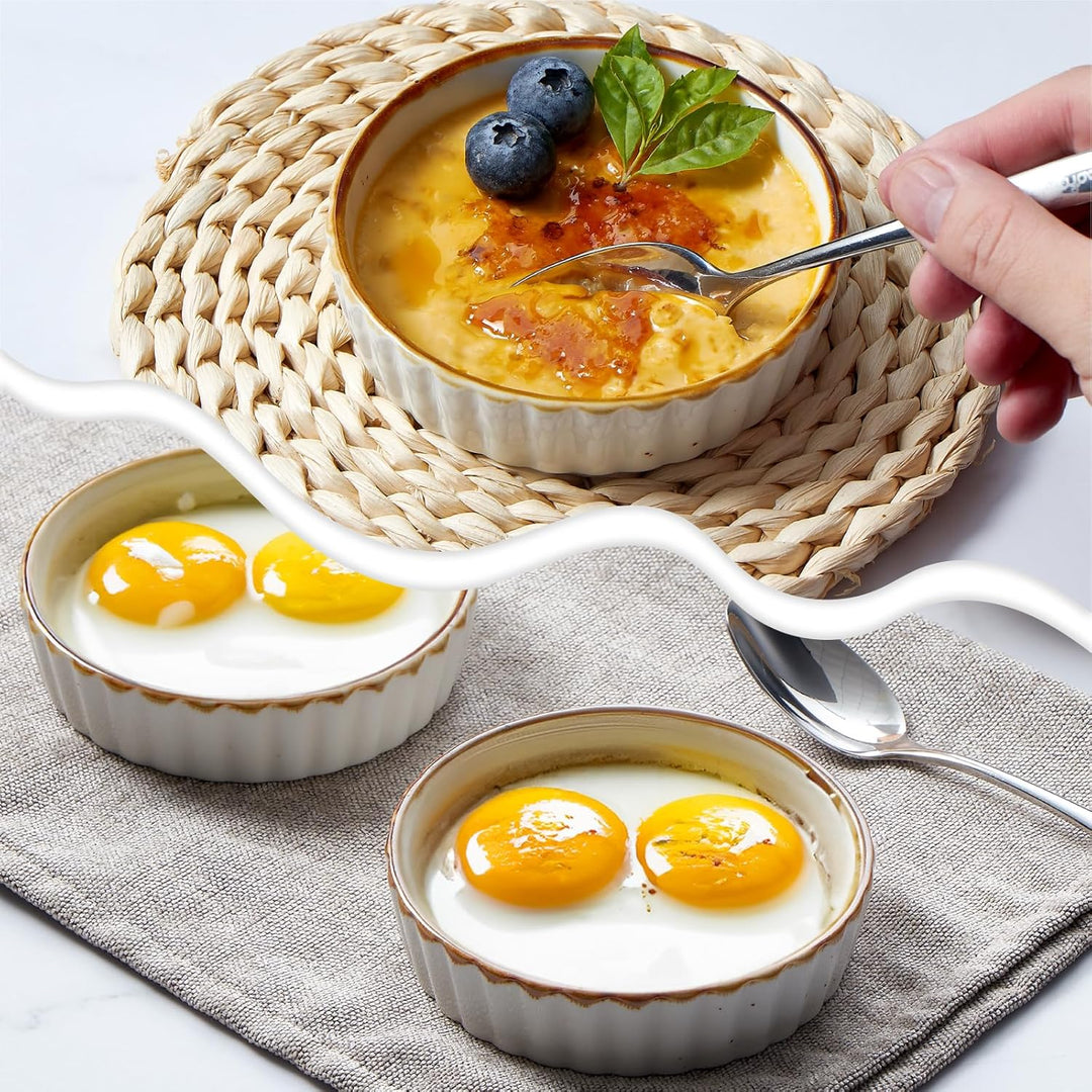 ONEMORE 6x Creme Brulee Schälchen, 177 ml Soufflé Förmchen aus Keramik, 11.4 cm Souffleeförmchen Bac