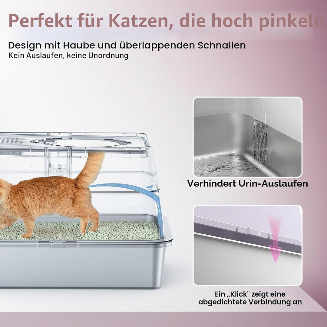 XXL Katzentoilette Edelstahl (V2A) - 3-in-1 Geschlossenes Katzenklo mit 160° Klappdeckel & Geruchsfi