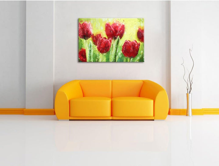 Pixxprint Rote Tulpen mit Tropfen bedeckt Pinsel Effekt, Format: 100x70 auf Leinwand, XXL riesige Bi