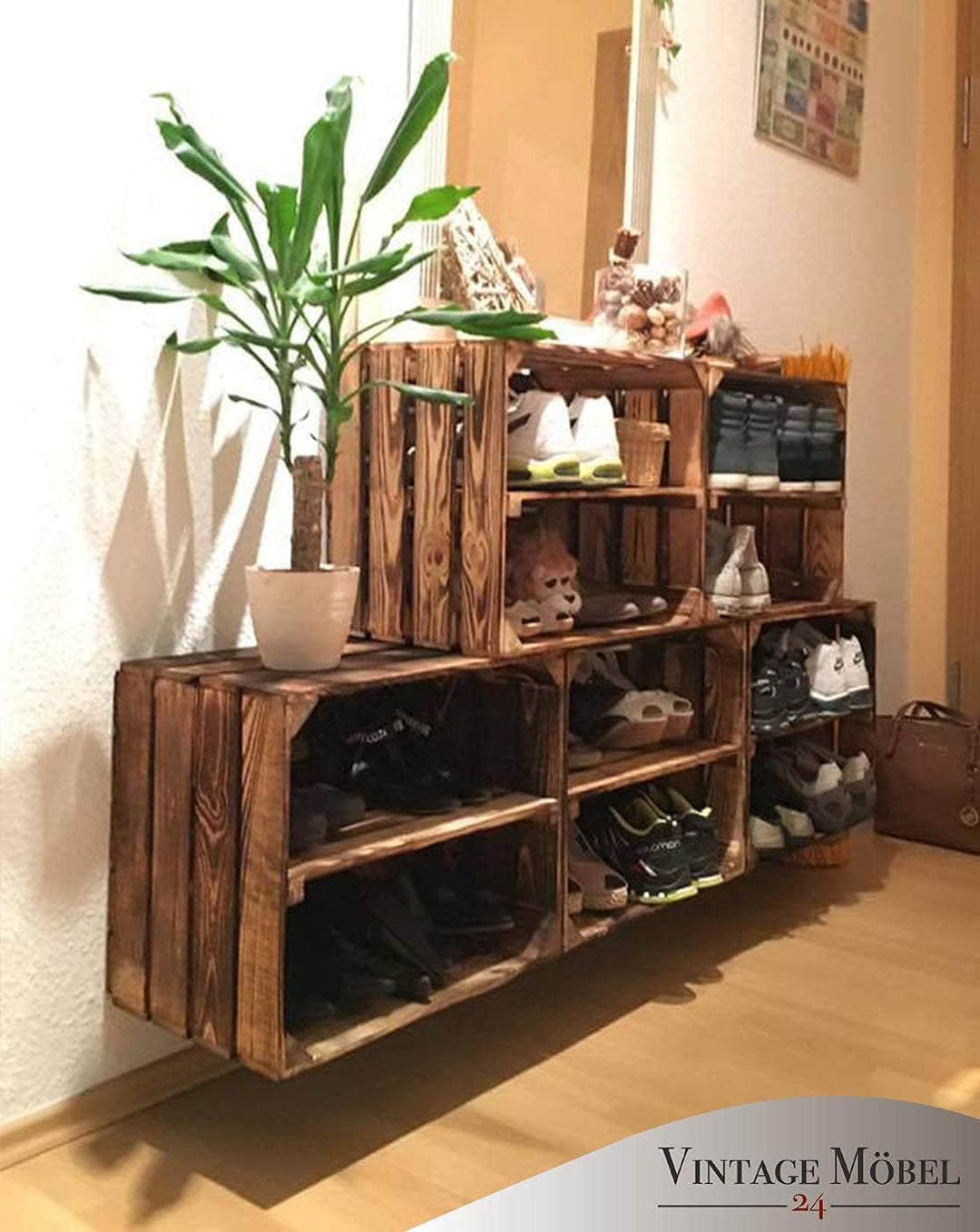 Vintage-Möbel24 3er Set Obstkisten mit Zwischenbrett – geflammt – Holzkisten als Schuhregal 50x30x40