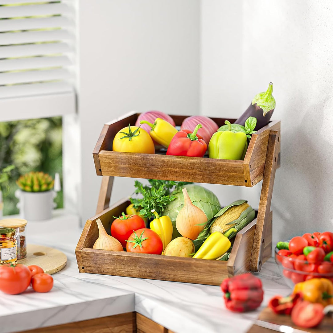CALM COZY Obstkorb aus Akazienholz für Küchenarbeitsplatte, 2 Etagen Abnehmbarer Obstschalenhalter f