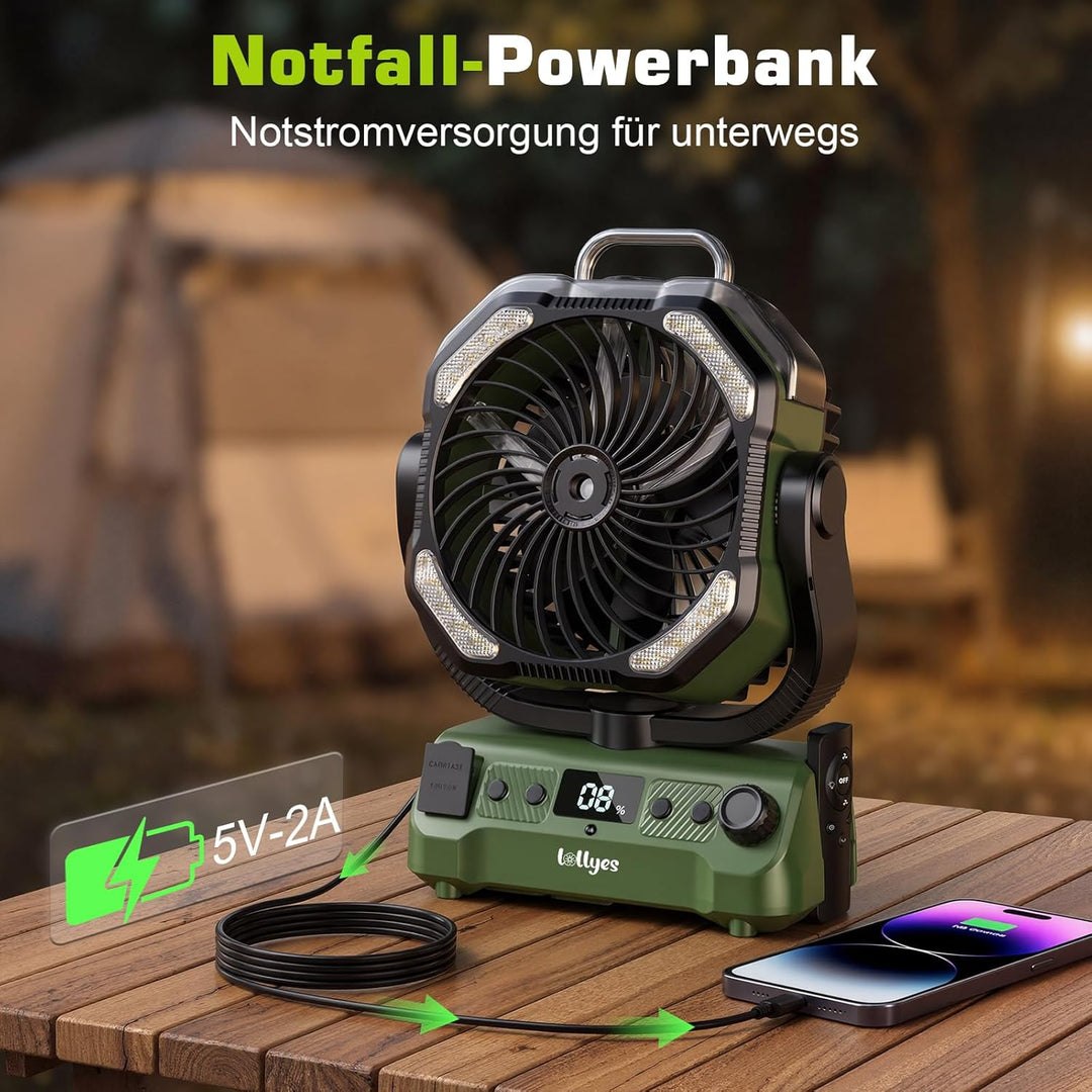 20000mAh Camping Ventilator Akku mit Licht, 0-100 Stufen Regelbar Outdoor Ventilator mit Sprühfunkti