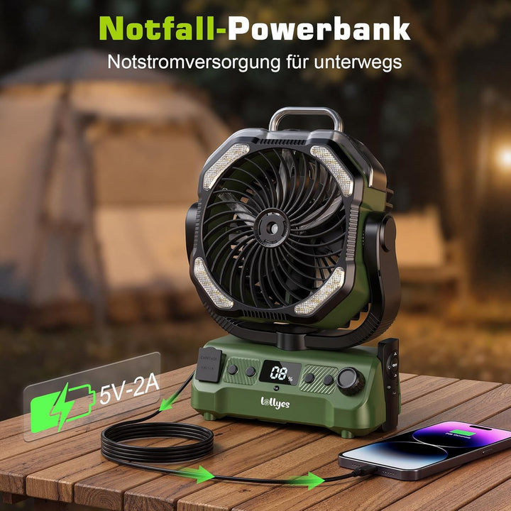 20000mAh Camping Ventilator Akku mit Licht, 0-100 Stufen Regelbar Outdoor Ventilator mit Sprühfunkti
