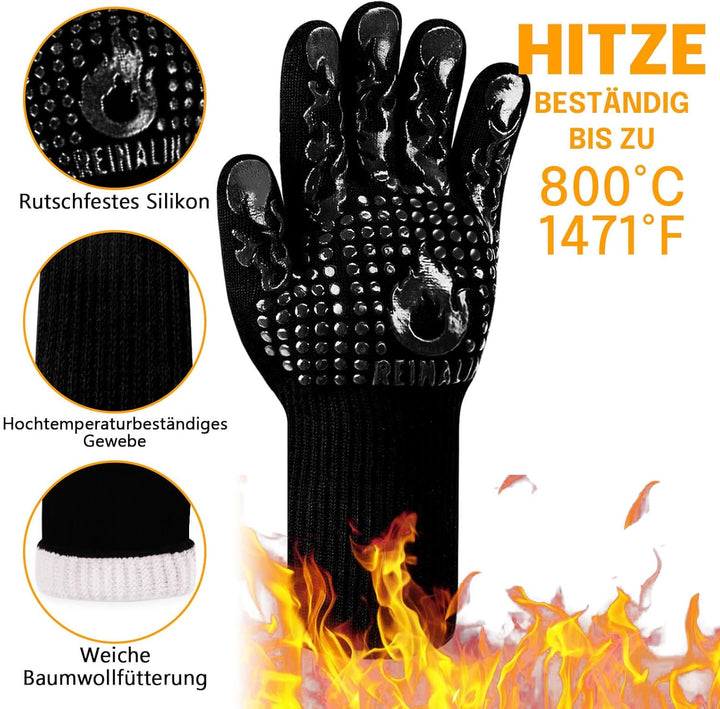 Reinalin Grillhandschuhe Hitzebeständig bis 800°C, Ofenhandschuhe Topfhandschuhe Feuerfeste Handschu