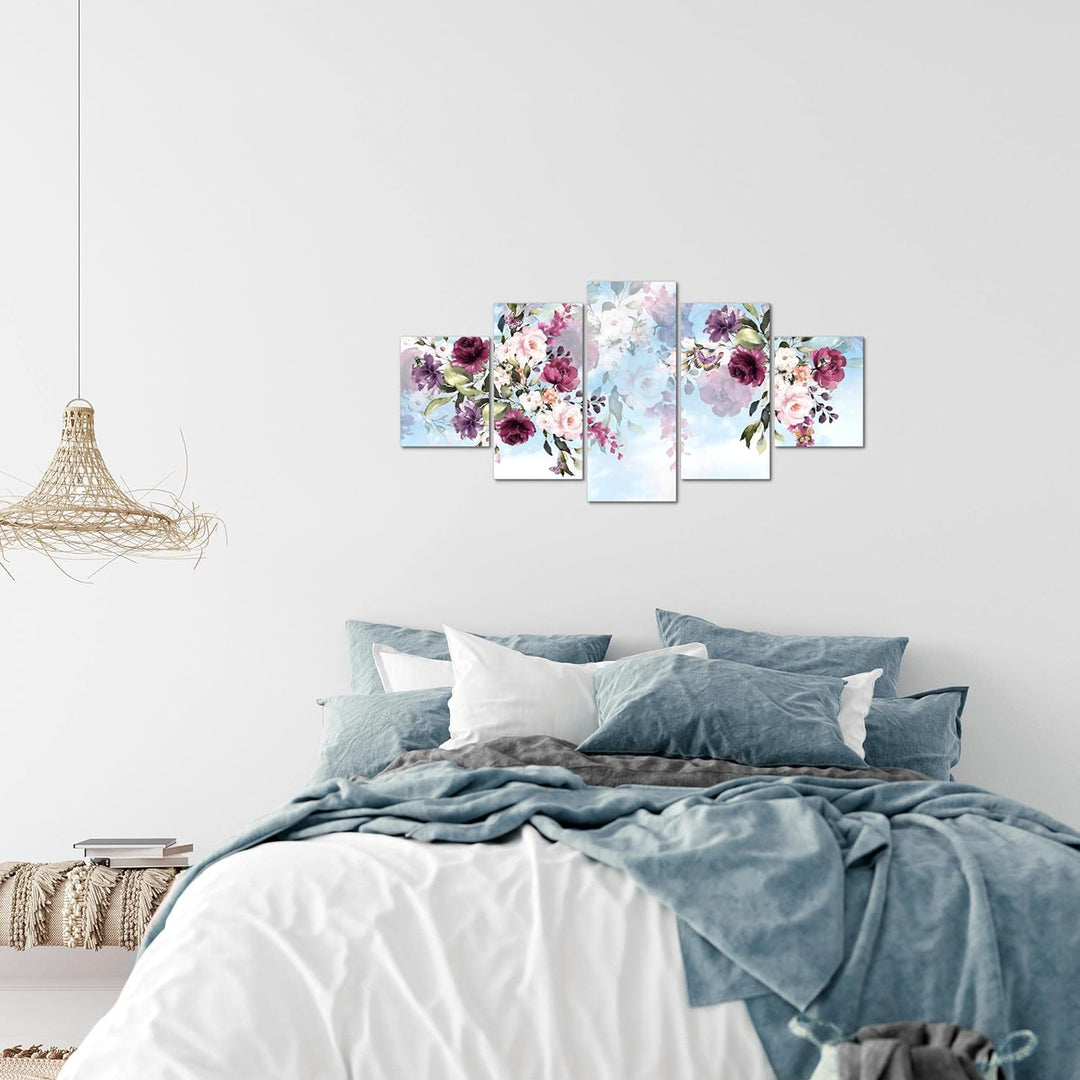 Runa Art Wandbilder Blumen 5 Teilig Bild auf Vlies Leinwand Deko Wohnzimmer Blumenbild Blau Bunt 026