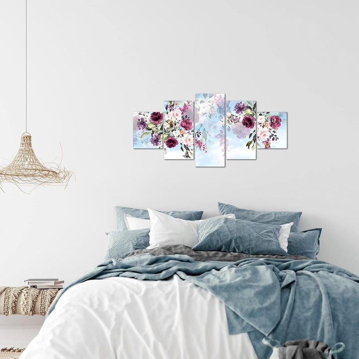 Runa Art Wandbilder Blumen 5 Teilig Bild auf Vlies Leinwand Deko Wohnzimmer Blumenbild Blau Bunt 026