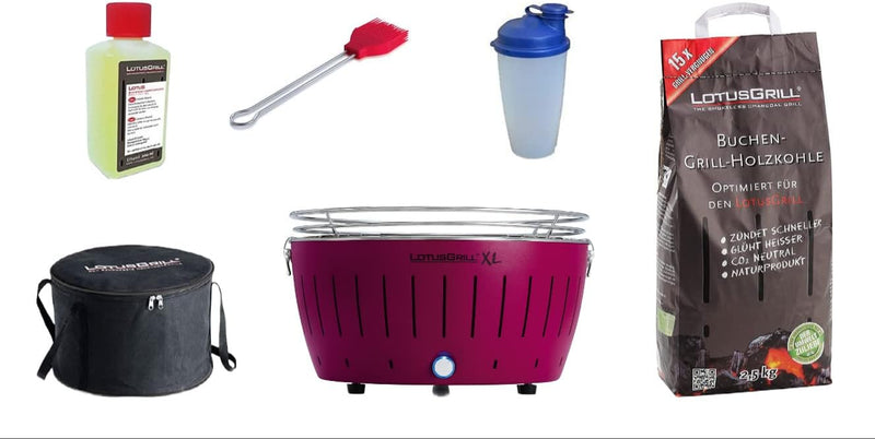 LotusGrill XL Starter-Set 1x XL Grill Pflaumenlila mit USB-Anschluss, 1x Buchenholzkohle 2,5 kg, 1x