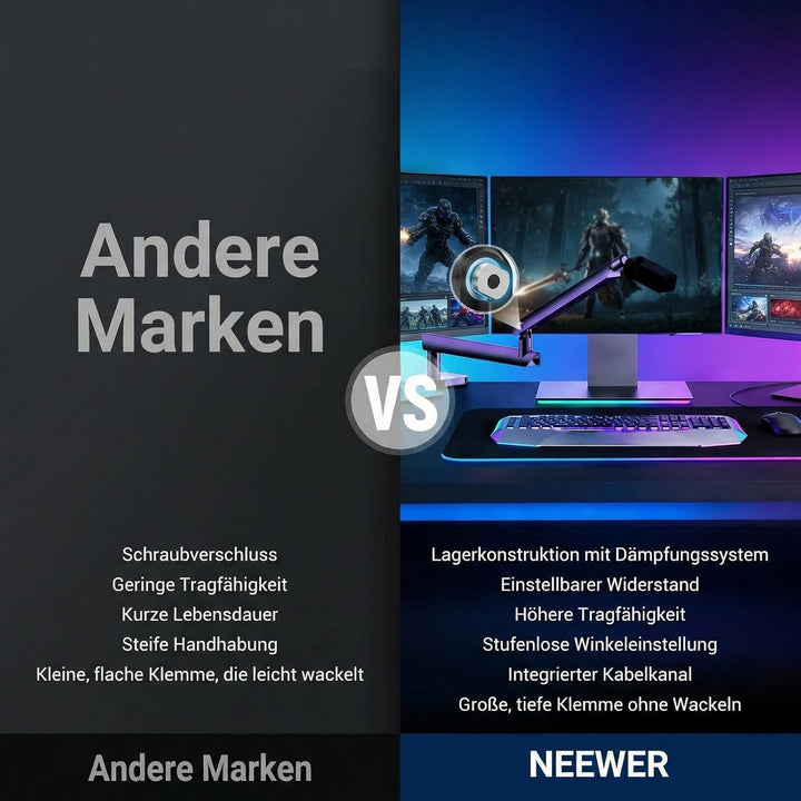 NEEWER Microphone Stand, Low Profile gedämpfter Mikrofon Halterung mit Boom Arm, 360° Kugelkopf, ver
