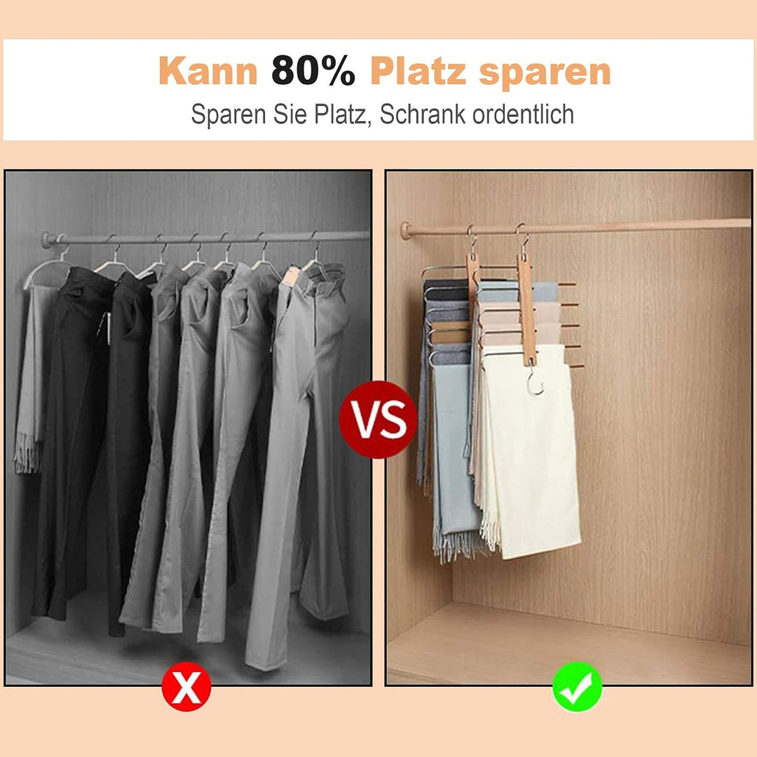 2 Stück 5in1 Hosenbügel Platzsparend,Edelstahl Hosenbügel rutschfeste Robuster, Holz Hosenkleiderbue