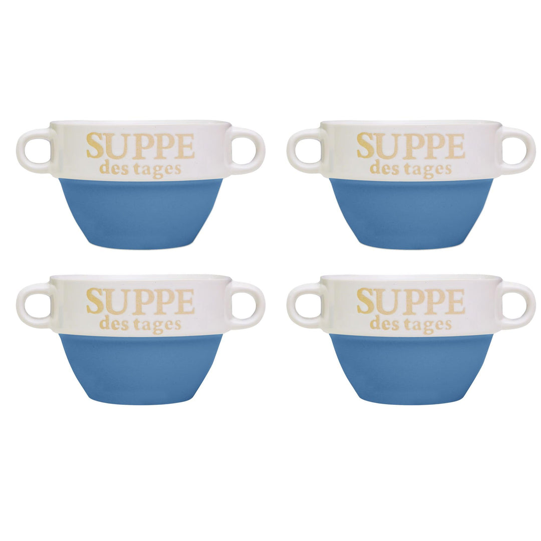 DRULINE 4 Stück Suppentasse aus Keramik mit Schriftzug Suppe des Tages Ø 13 cm Blau 4 Stück Blau, 4