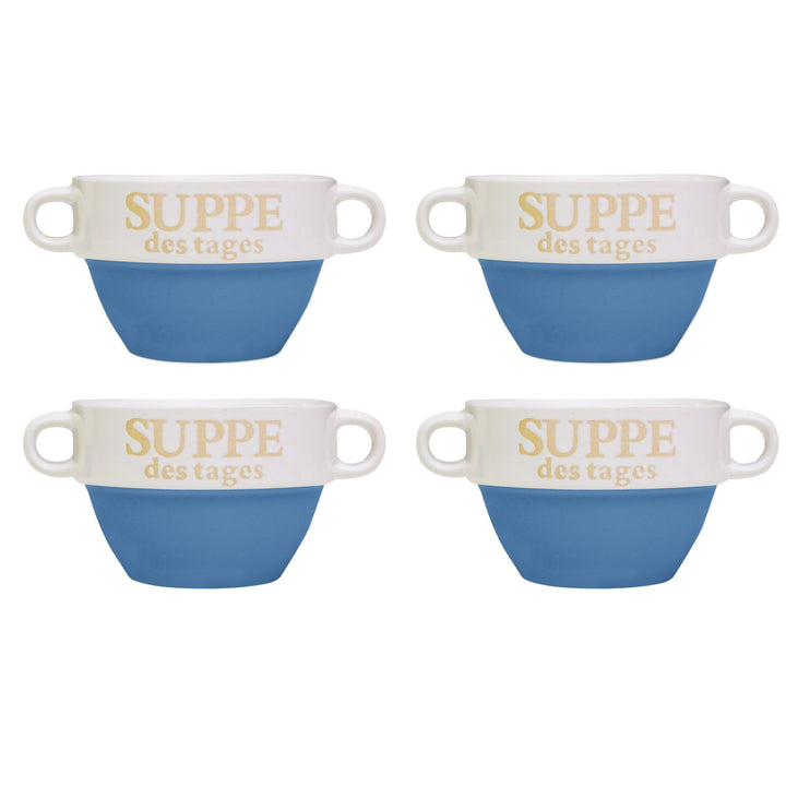DRULINE 4 Stück Suppentasse aus Keramik mit Schriftzug Suppe des Tages Ø 13 cm Blau 4 Stück Blau, 4