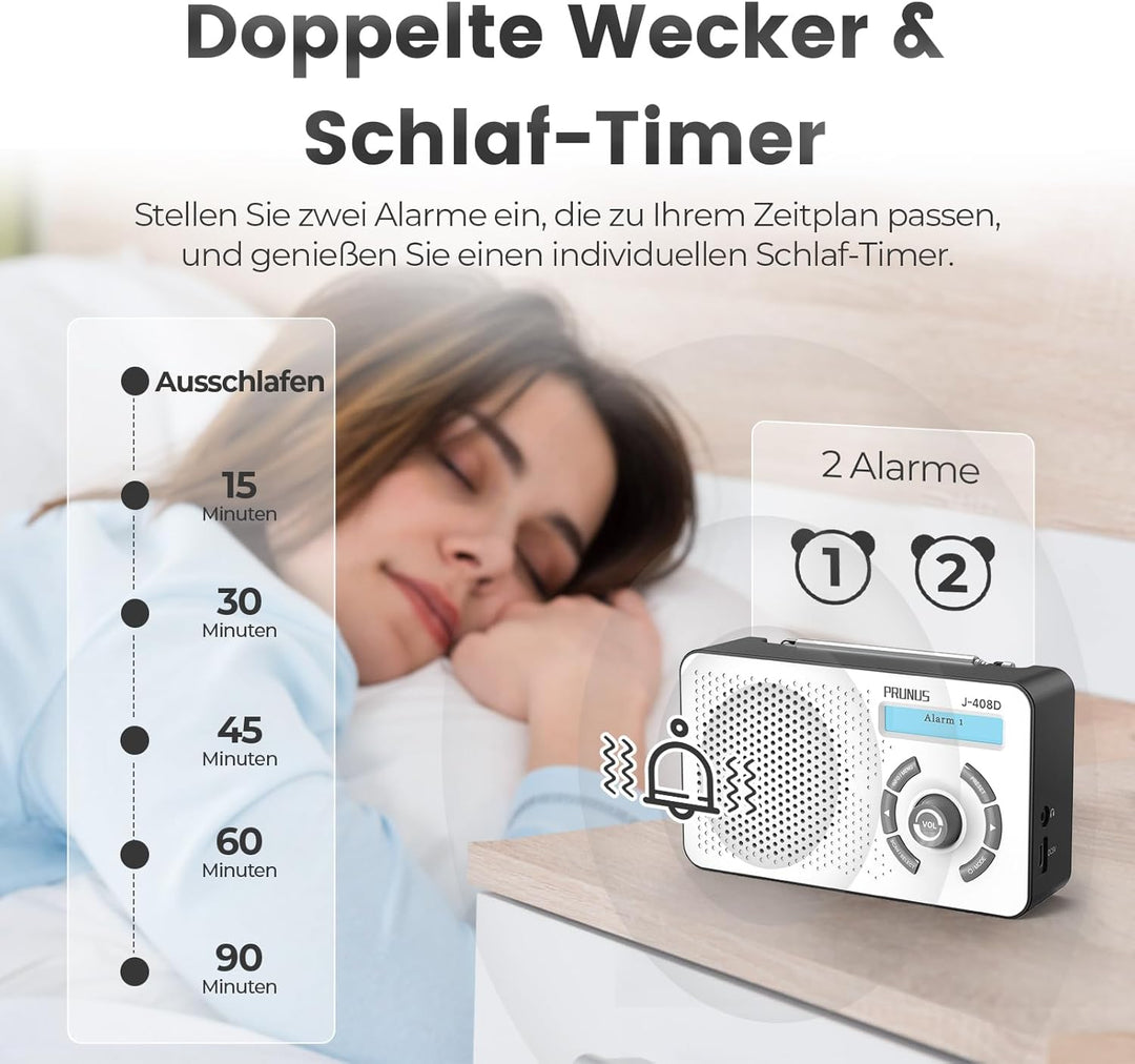 PRUNUS J-408 UKW DAB Radio mit Bluetooth 5.3, DAB Plus Radio Batteriebetrieben oder 2000mAh Akkubetr