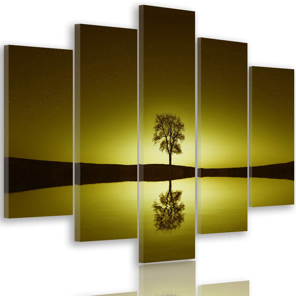 Feeby Bilder Baum 300x140 cm - Leinwandbild 5 Teilig XXL Kunstdruck Abstrakt Wasser gelb Leinwandbil