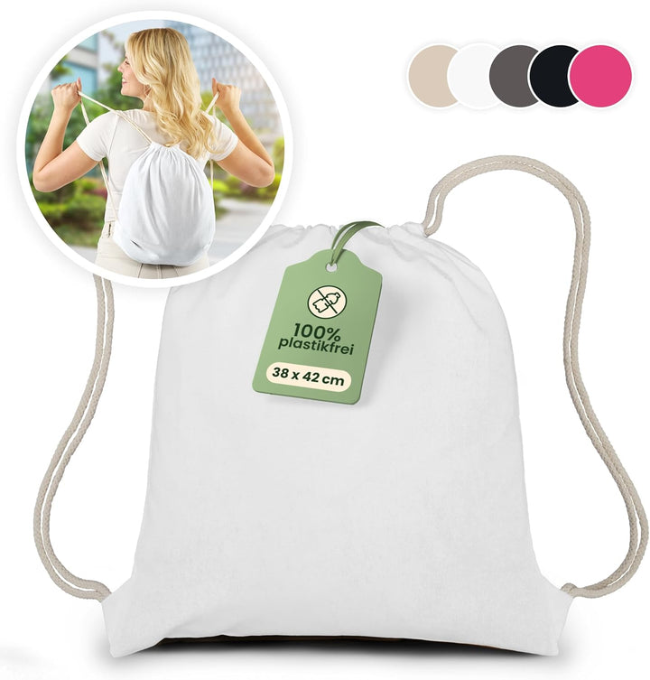 Baumwoll 10er Set Weisser Turnbeutel Sportbeutel Zuziehbeutel Gymsack Sack Jute Schule Rucksack, Wei