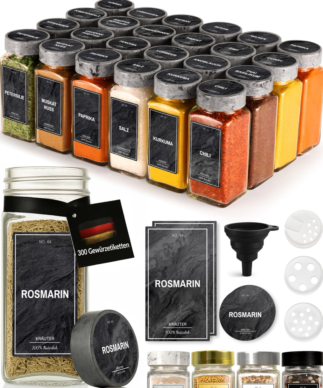 Greeano Gewürzgläser Set [24 x 120ml] mit 300 Gewürzetiketten [DE] - Gewürzgläser eckig mit Streuein