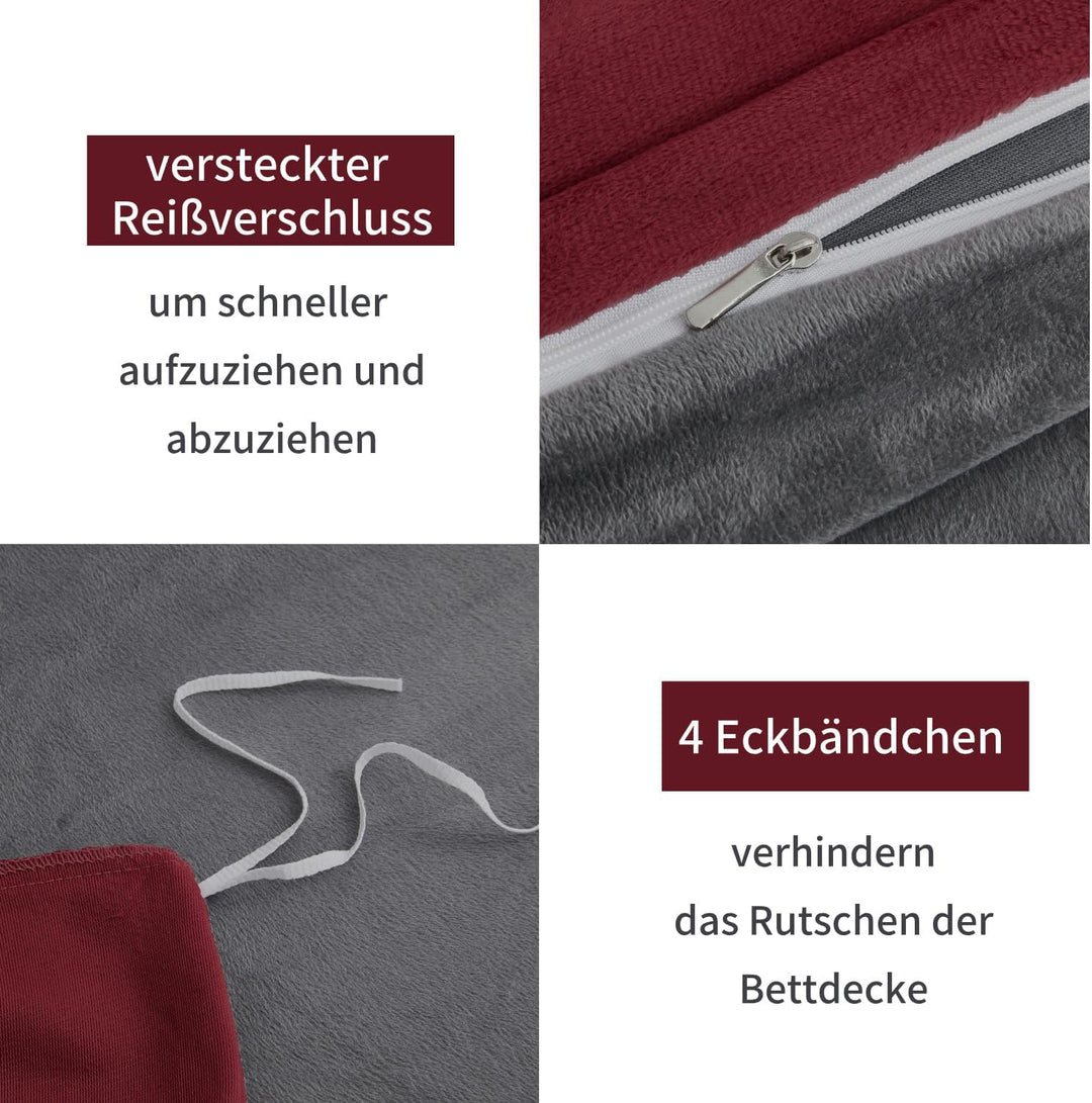 Boqingzhu Biber Bettwäsche 155×220cm Plüsch Rot Weinrot Grau Flanell Winter Warm Kuschelig Flauschig