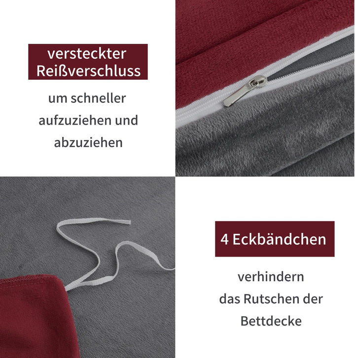 Boqingzhu Biber Bettwäsche 155×220cm Plüsch Rot Weinrot Grau Flanell Winter Warm Kuschelig Flauschig