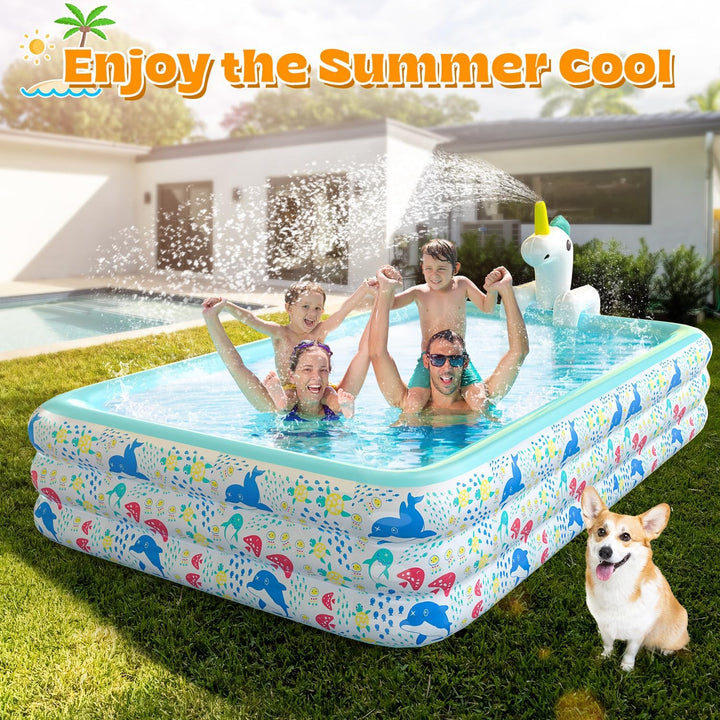 Skirfy Aufblasbarer Pool mit Sprinkler, 300 x 180 x 60 cm XXL Gartenpool, Verdickter Kinderpool für