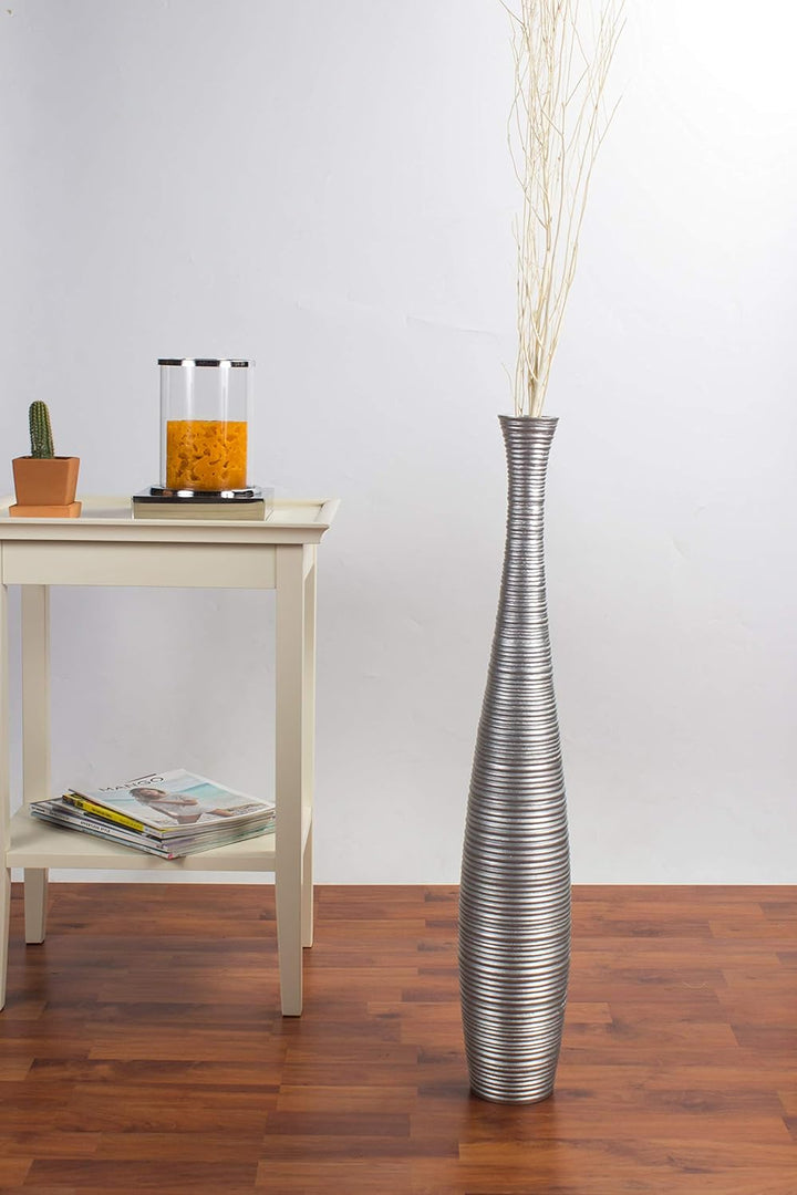 Leewadee Grosse Bodenvase für Dekozweige hohe Standvase Design Holzvase, Holz, 70 cm, Silber 70 cm S
