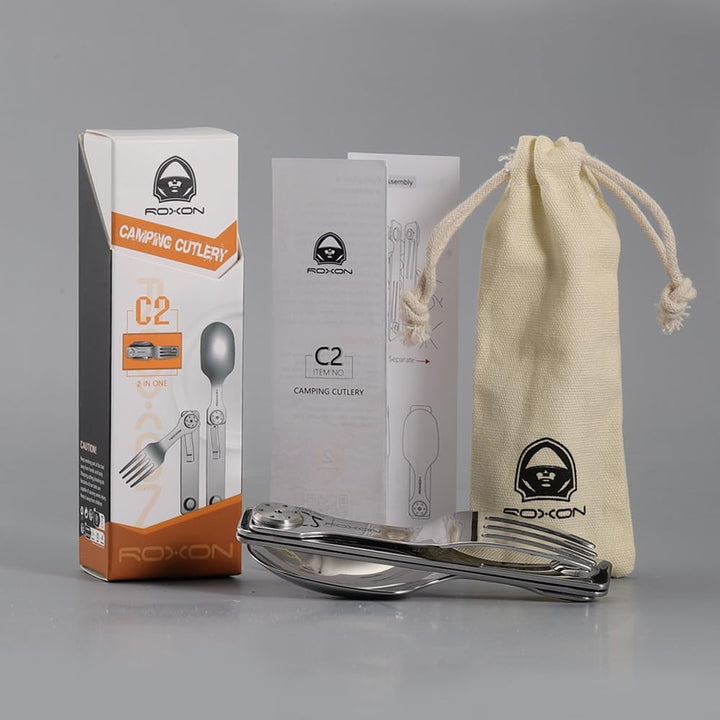Roxon C2 Campingbesteck, 2 in 1 abnehmbares, faltbares Besteck mit Gabel und Löffel für Outdoor, Cam