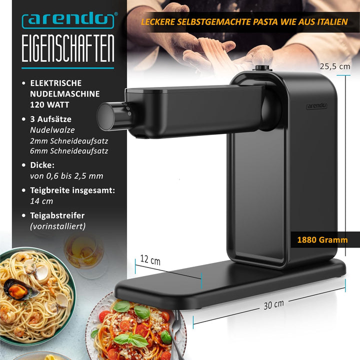 Arendo - Nudelmaschine elektrisch – Pasta Maker - 5 Stärken einstellbar – 120 Watt – Nudelwalze und