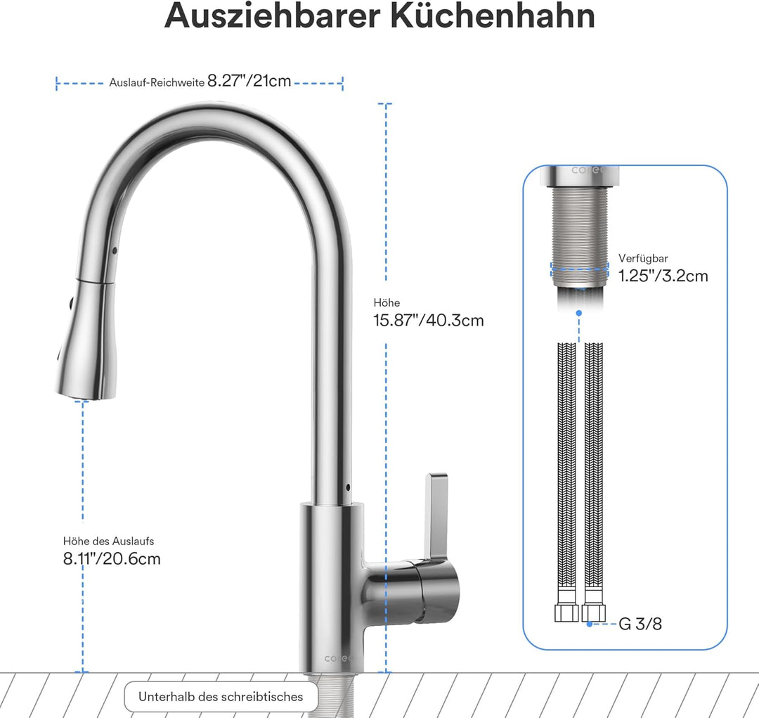 Coree Wasserhahn Küche, Hochdruck Küchenarmatur, Armatur Küche Ausziehbar, Mischbatterie Spültischar