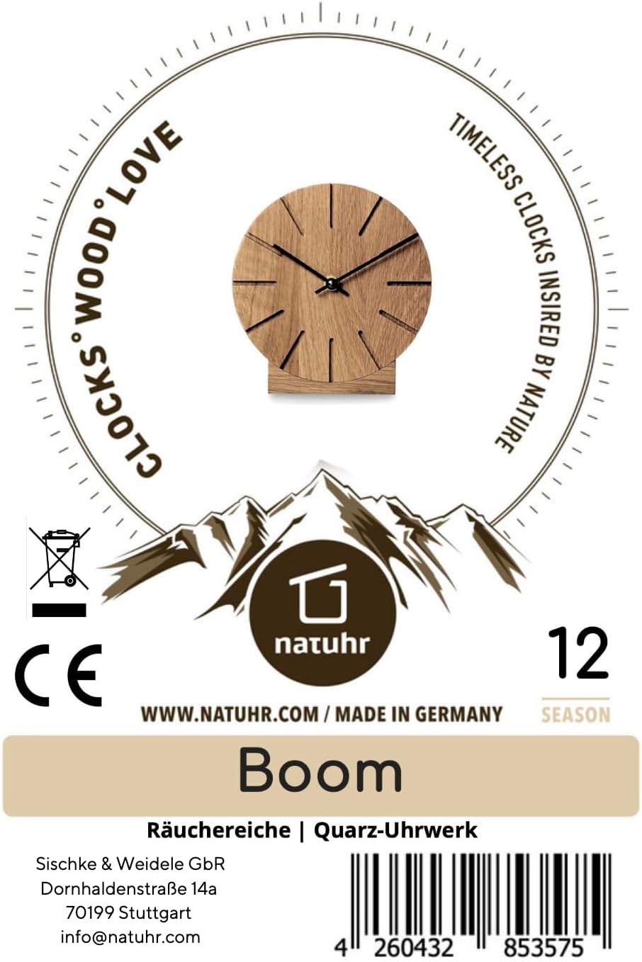 Natuhr Wanduhr Tischuhr Eiche Holz - Boom - geräuscharm Massivholz Design ø17 cm (Eiche dunkel geölt