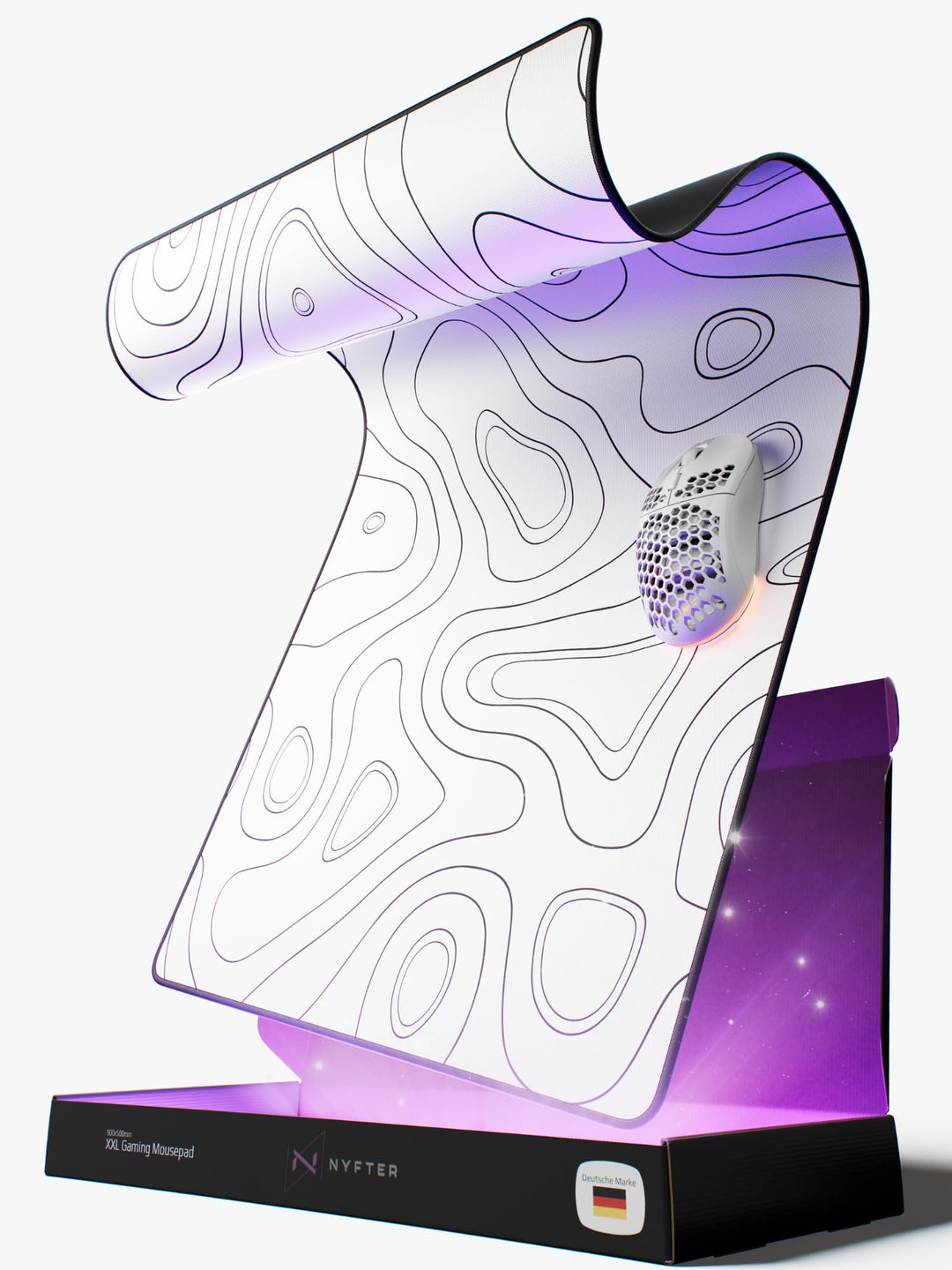 NYFTER - XXL Gaming Mauspad weiss im Topography design 900 x 500mm Premium Mousepad Size Gross vernä