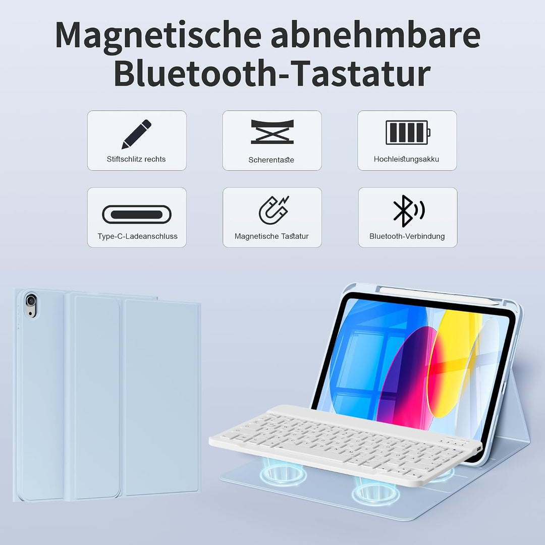 Tastatur Hülle für iPad A16 11. Gen/iPad 10. Gen, QWERTZ, Hellblau, Hellblau