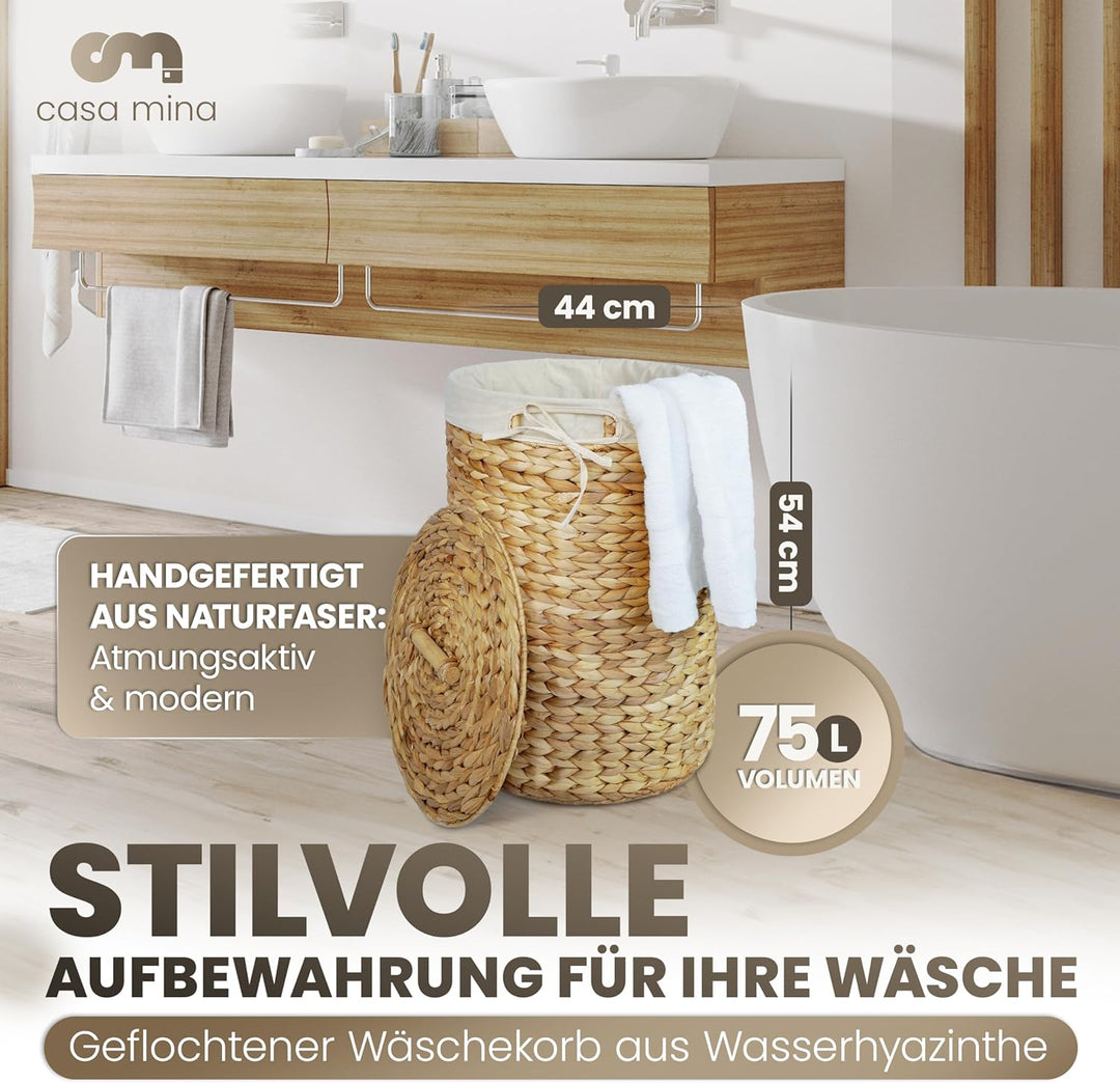 Casa Mina® Wäschesammler mit Deckel D45 x H55cm hoch I Atmungsaktiver Wäschekorb geflochten aus 100%