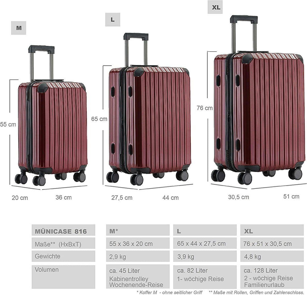 Münicase M816 TSA-Schloss Koffer Reisekoffer Trolley Kofferset Hardschale Boardcase (Weinrot, Grosse