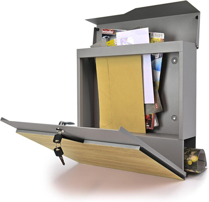 Verda Briefkasten mit Zetungsfach, 37 x 37 x 11 cm, Schloss unter dem Deckel, Postkasten Wandbriefka