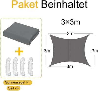 Sunal Sonnensegel 3x3m Quadratisch,PES Polyester Wasserdicht,95% UV Schutz,inkl.Befestigungsseile,gr
