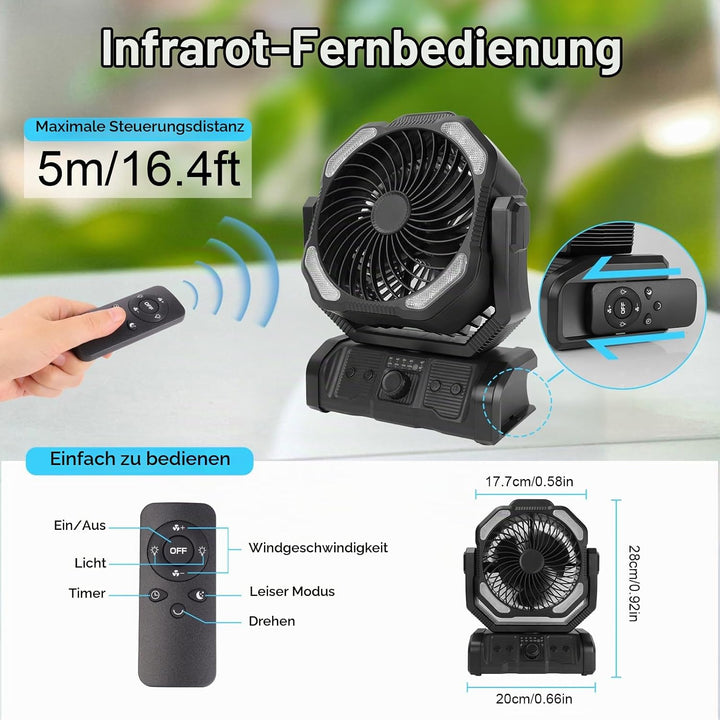 ELZO 20000mAh Camping Ventilator, Wiederaufladbarer Tischventilator USB Ventilator mit LED Licht &amp; H