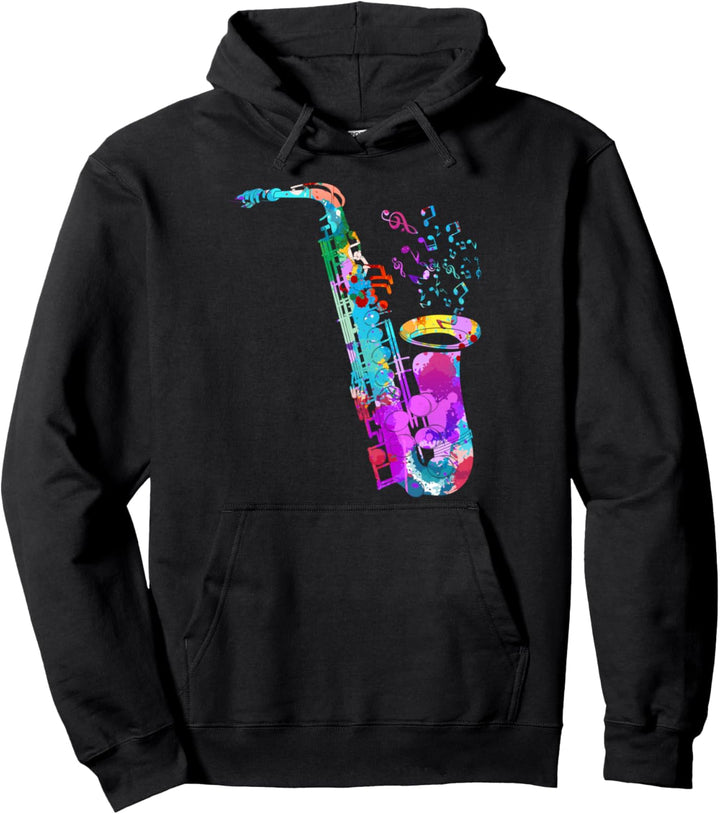 Saxophonspieler Jazz Musik Noten Saxophonist Buntes Saxophon Pullover Hoodie