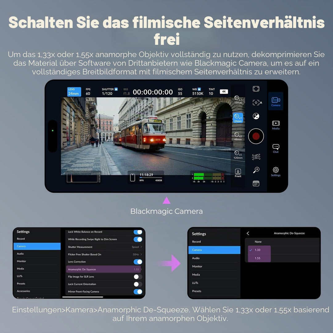 Freewell 1,55x anamorphes Objektiv für iPhone & Samsung - 3-in-1 Streak (Neutral, Gold, Blau) - Cine