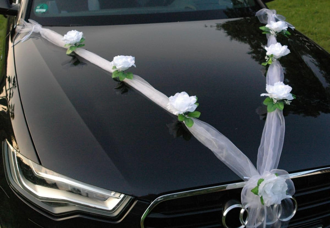 Organza M + Schleife Auto Schmuck Braut Paar Rose Deko Dekoration Autoschmuck Hochzeit Car Auto Wedd