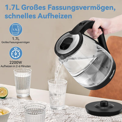 Pukomc Wasserkocher Glas mit Filter und Innendeckel, BPA Frei, 1,7 Liter, Kettle mit blau LED, Trock