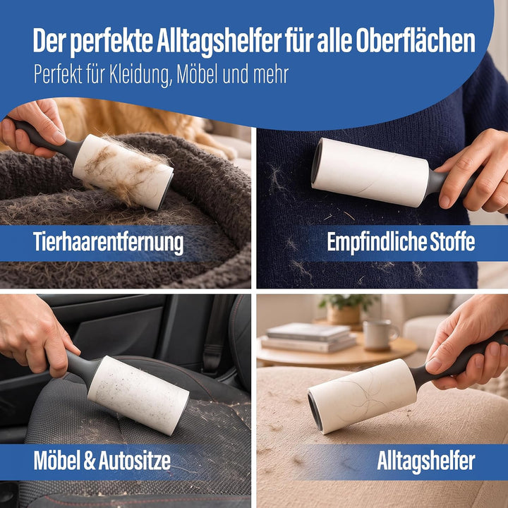TiefenRein Fusselrolle Tierhaare &amp; Kleidung – 12er Set (1080 Blatt) 1 Griff &amp; 1 Staubschutzhülle 12