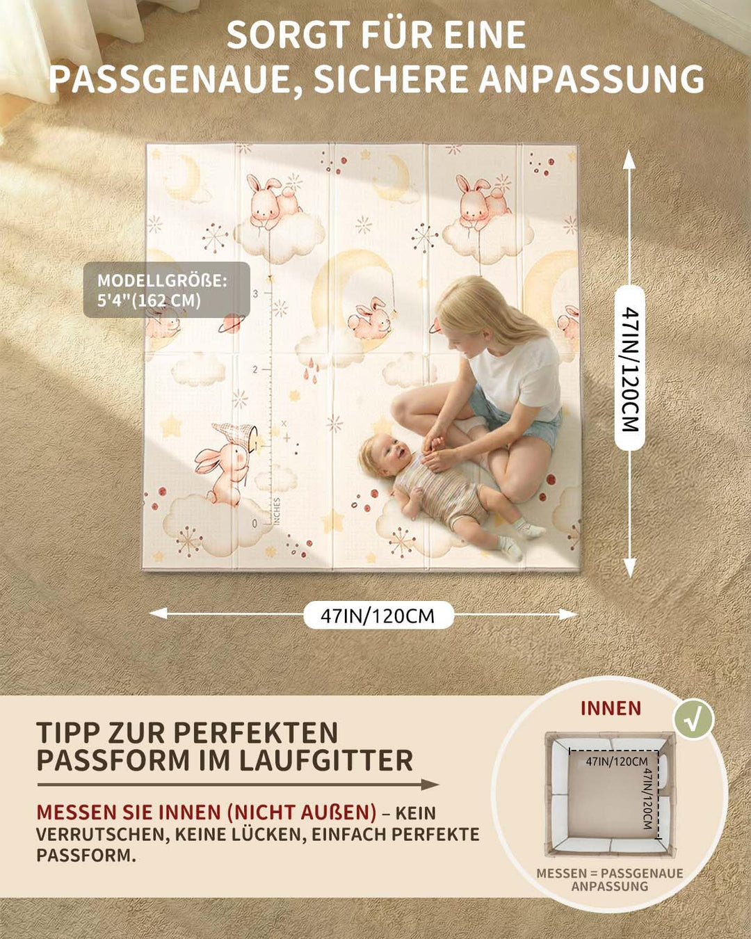 Krabbelmatte Baby Faltbar, 120 x 120 x 1cm Spielmatte Kinder | Rutschfest & Wasserdicht | Doppelseit
