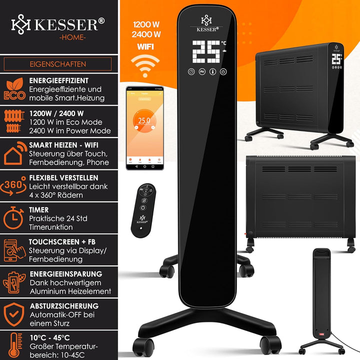 KESSER® Konvektor Premium 1200W ECO 2400W Power Mode Heizstufen Thermostat Elektroheizung WiFi App &